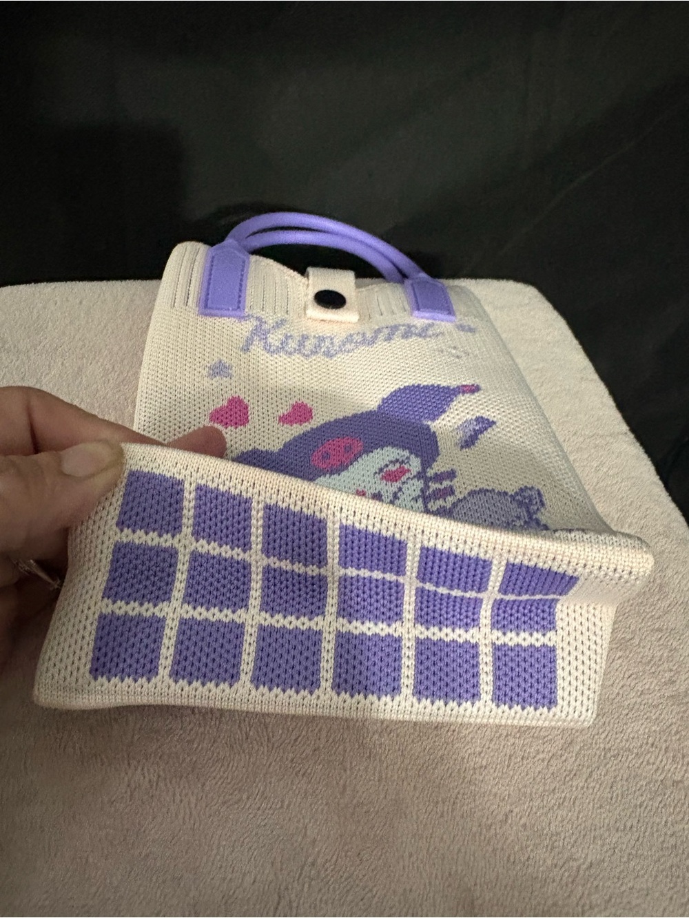 Purple & Cream Knit Mini Crossbody Bag with Kuromi character - Picture 2 of 3